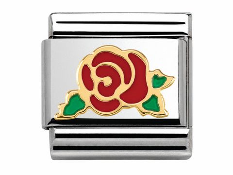 Eine elegante Emaille-Metallplatte in Silber mit einer roten Rose und grünen Blättern, Teil der Classic MADAME ET MONSIEUR Kollektion von Nomination.