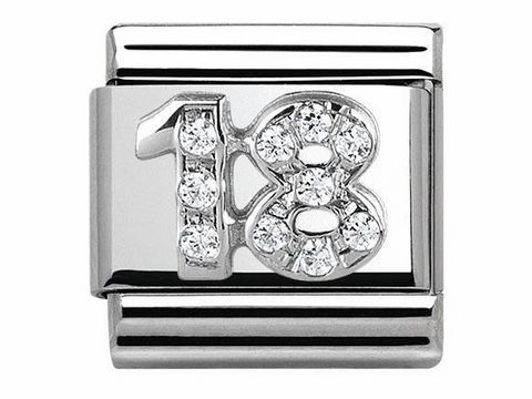 Zahl 18 aus Silber mit Zirkonia, Hersteller Nomination, Silvershine Motive. Schmuckelement für ein Armband. Elegante und funkelnde Gestaltung.
