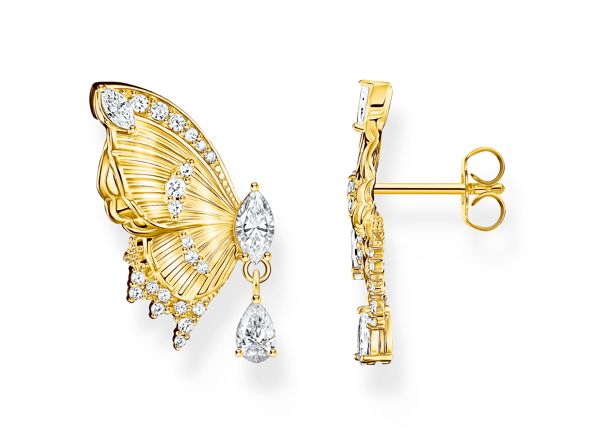 Thomas Sabo Ohrringe in Silber vergoldet mit Schmetterlingsdesign, verziert mit funkelnden Steinen und tropfenförmigem Anhänger, ideal für einen eleganten Auftritt.