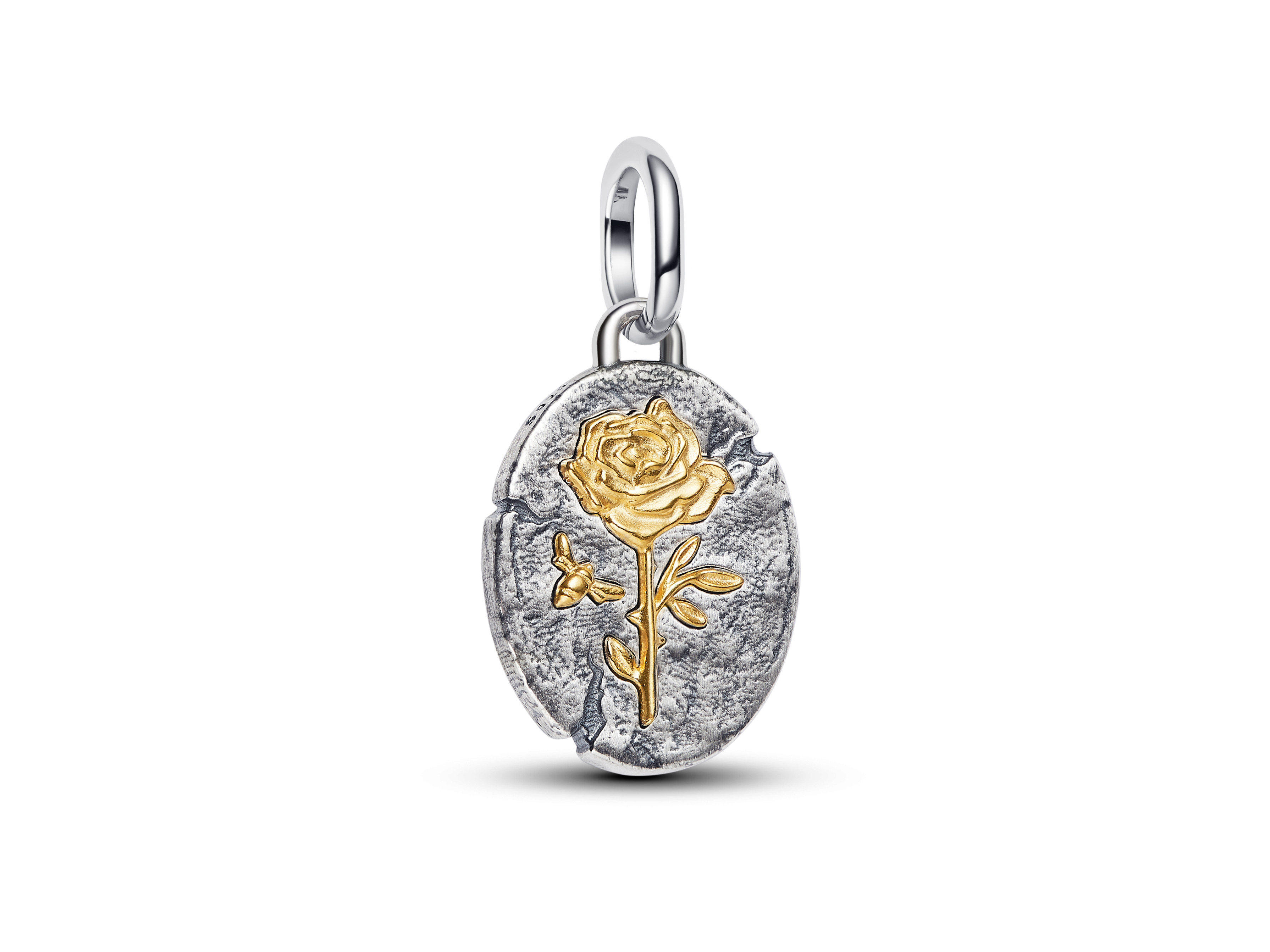 Silberner Medaillon-Charm von Pandora mit einer vergoldeten Rose und feinen Details, ideal zum Ergänzen von Schmuckstücken, Hersteller: Pandora, Neuheiten.