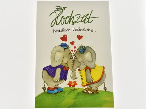 Hochzeitskarte mit zwei süßen Elefanten, die sich küssen. Der männliche Elefant trägt einen blauen Anzug, die weibliche einen gelben Kleid. Oben steht "Zur Hochzeit". Hersteller Juwelier Harnisch.