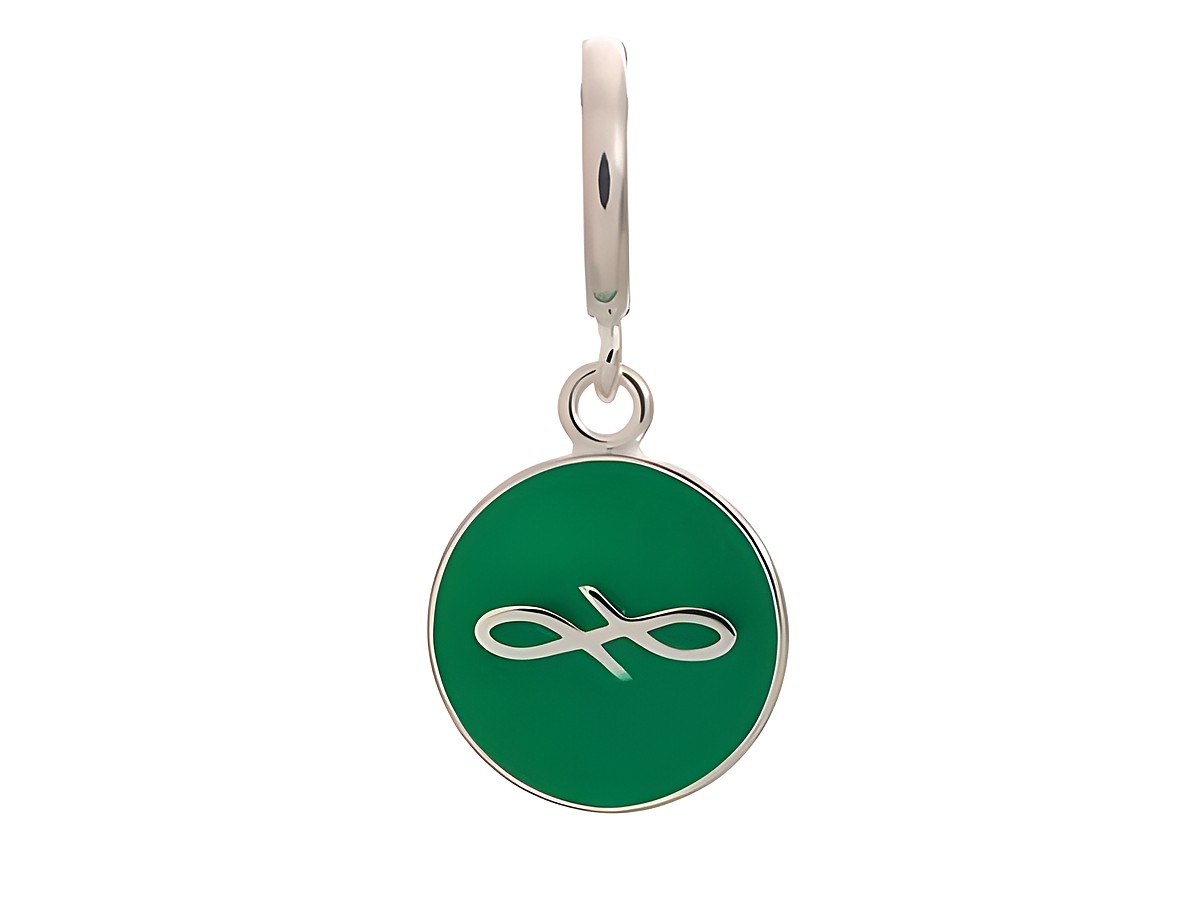 Silber Anhänger von Endless mit grünem Coin und zeitlosem Design, darauf ein minimalistisches Symbol in Silber. Ideal für individuelles Schmuckstyling.