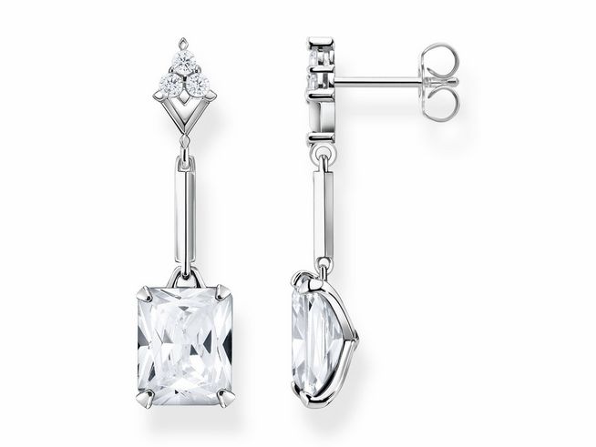 Thomas Sabo Ohrringe H2177-051-14 aus Sterling Silber mit weißen Zirkonia. Elegante hängende Ohrhänger mit quadratischem, facettiertem Stein und funkelndem Oberteil.