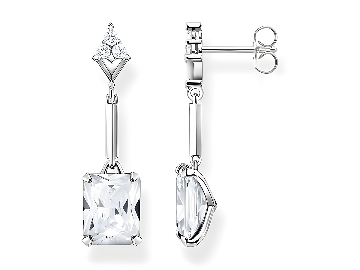 Thomas Sabo Ohrringe H2177-051-14 aus Sterling Silber mit weißen Zirkonia. Elegante hängende Ohrhänger mit quadratischem, facettiertem Stein und funkelndem Oberteil.