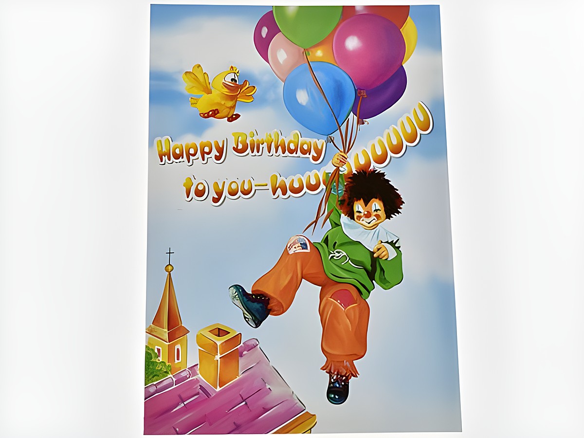Bunt gestaltete Geburtstagskarte mit einem fröhlichen Clown, der mit bunten Luftballons in der Hand schwebt und einen Geburtstagsgruß auf einem hellen Hintergrund präsentiert. Hersteller: Juwelier Harnisch.