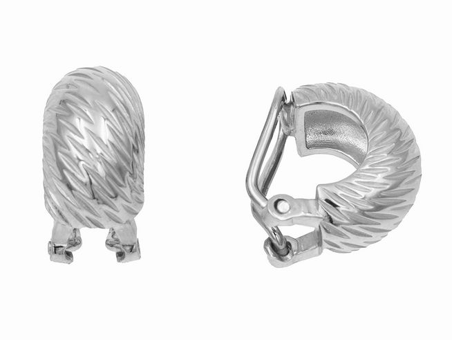 Ohrclips aus teilmattiertem, rhodiniertem Sterling Silber mit elegantem Design und geschwungener Oberflächenstruktur, Hersteller Juwelier Harnisch, ideal für jeden Anlass.