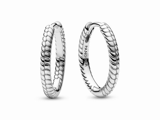 Zwei kleine Charm-Ohrringe aus Sterling Silber von Pandora mit einer eleganten, geschwungenen Struktur und feinen Details sichtbar, ideal für einen stilvollen Look.