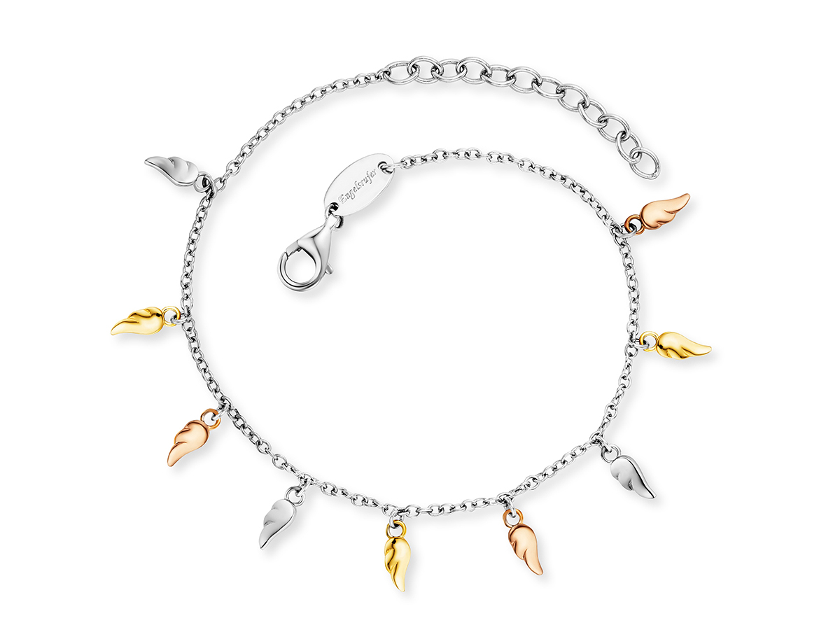 Trendy Engelsrufer Armband mit beigen und goldenen Flugel-Anhängern aus Edelstahl in Tricolor-Optik, Länge 17 cm, ideal für stilvolle Akzente.
