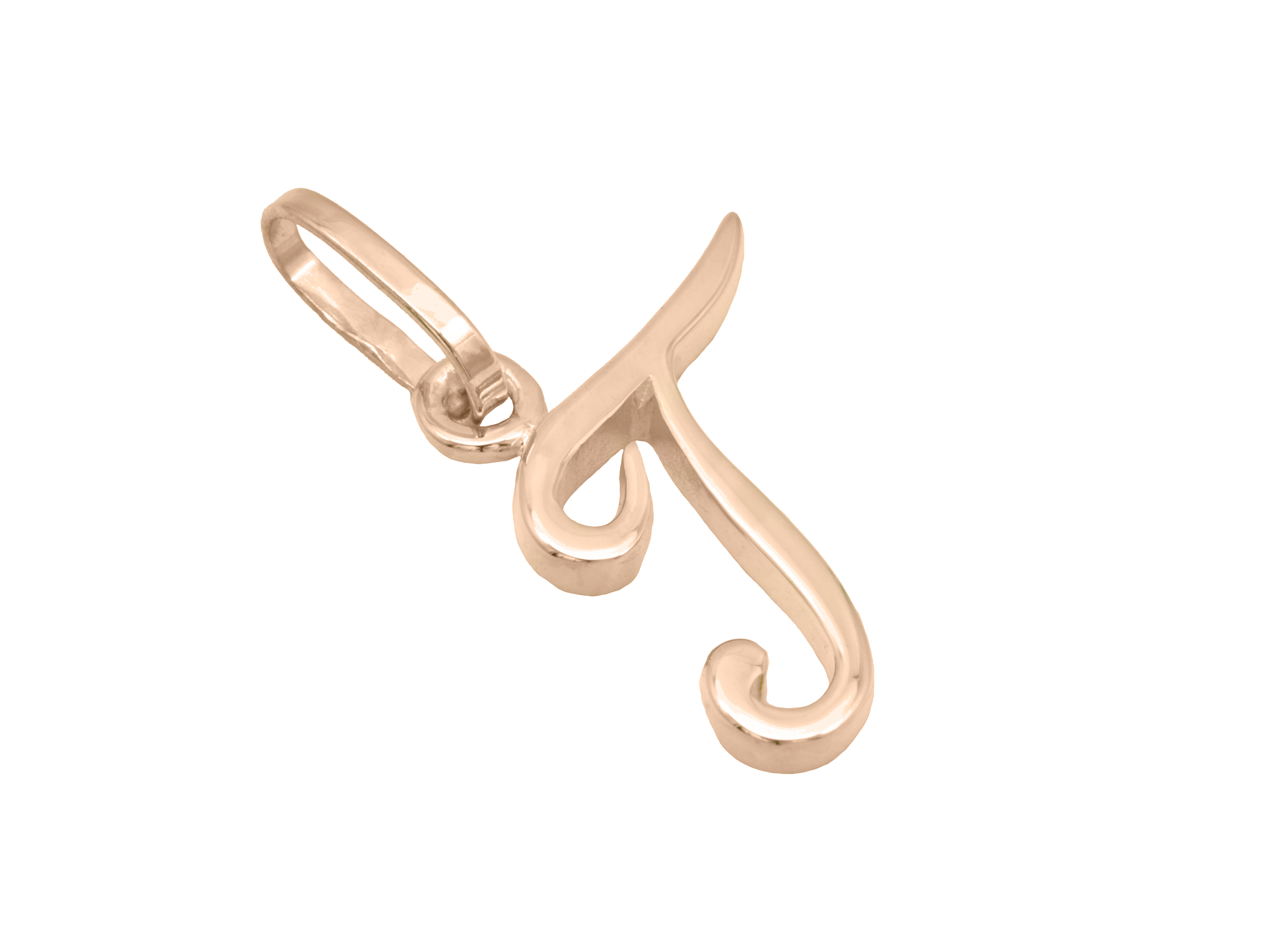 Buchstaben Anhänger in Form des Buchstabens T aus Sterling Silber, roségold vergoldet und poliert, hergestellt von Juwelier Harnisch, elegantes Design für persönlichen Schmuck.