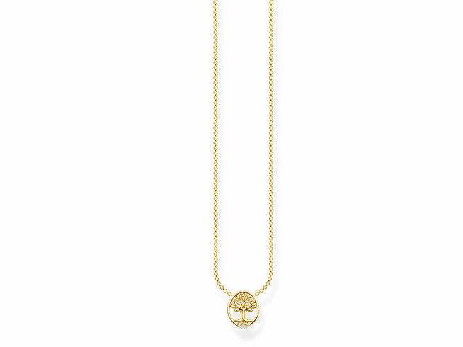 Charming Kette von Thomas Sabo aus Sterling Silber mit vergoldeter Oberfläche und weißem Zirkonia, mit einem Anhänger in Baumdesign, 40-45 cm lang.