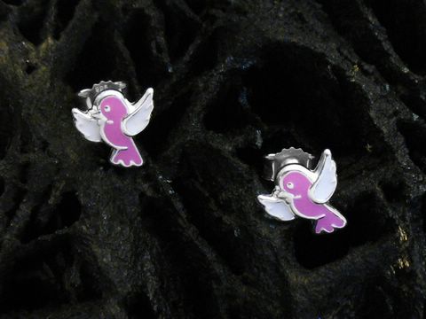 Vogel emailliert Sterling Silber Ohrring Vöglein, Hersteller Juwelier Harnisch, für Kinder. Die Ohrringe zeigen ein niedliches, pinkes Vöglein mit weißen Flügeln.