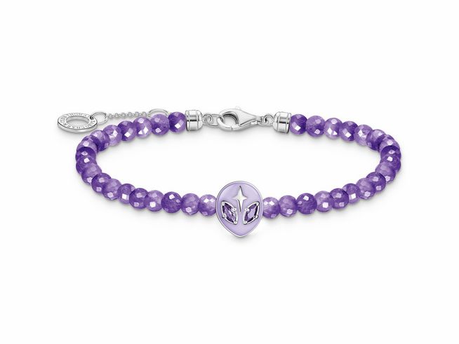 Silbernes Thomas Sabo Armband A2137-041-13-L19V mit violetten Emaille- und Zirkonia-Elementen sowie einem leuchtenden Alien-Motiv, verziert mit facettierten Amethyst-Perlen, von 16 bis 19 cm verstellbar.