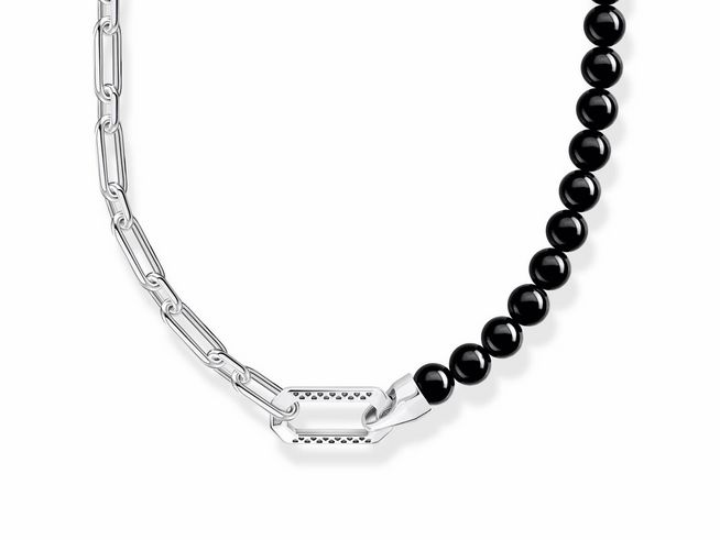 56971831-0 Silberne Kette von Thomas Sabo mit geschwungenem Design und schwarzen Achat-Steinen, ideal für einen eleganten Look, verstellbar von 50 bis 55 cm.