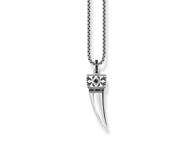 Halskette von Thomas Sabo mit einem Wolfszahn-Anhänger aus geschwärztem Silber und Zirkonia in Schwarz, verstellbar von 45 bis 55 cm.