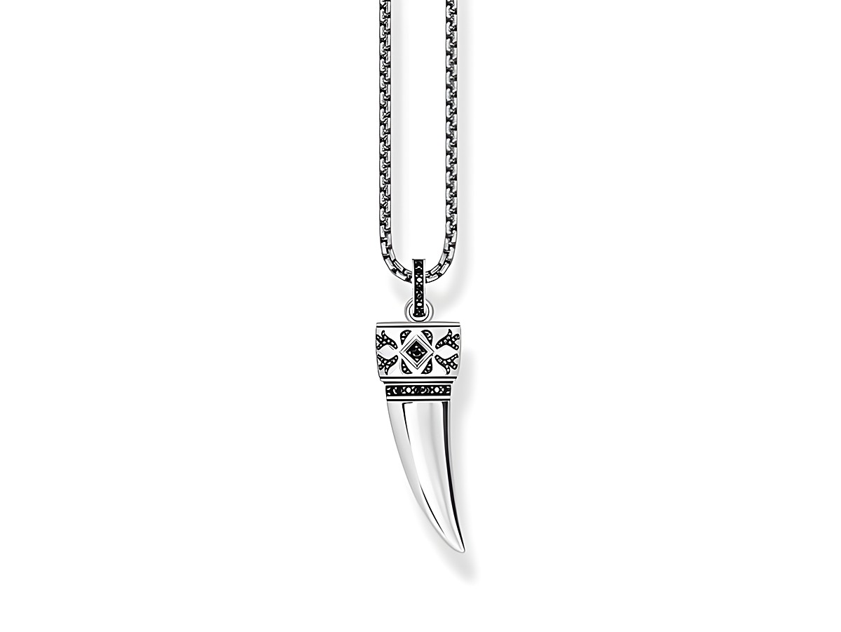 Halskette von Thomas Sabo mit einem Wolfszahn-Anhänger aus geschwärztem Silber und Zirkonia in Schwarz, verstellbar von 45 bis 55 cm.