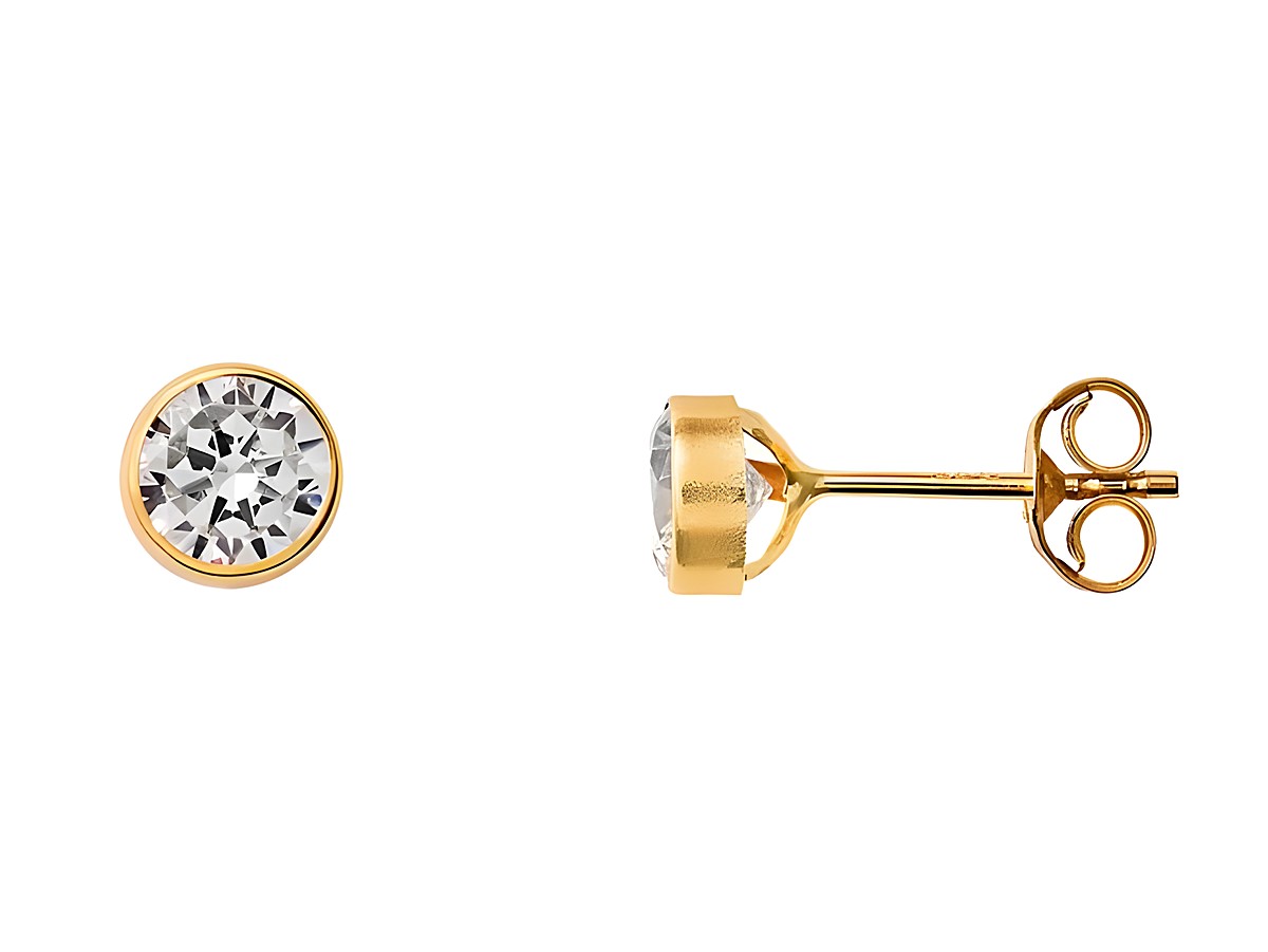Gelbgold 585 Ohrstecker von Xenox, polierte Oberfläche mit funkelndem Zirkonia, elegantes Design für modischen Schmuck. Perfekt für jeden Anlass.