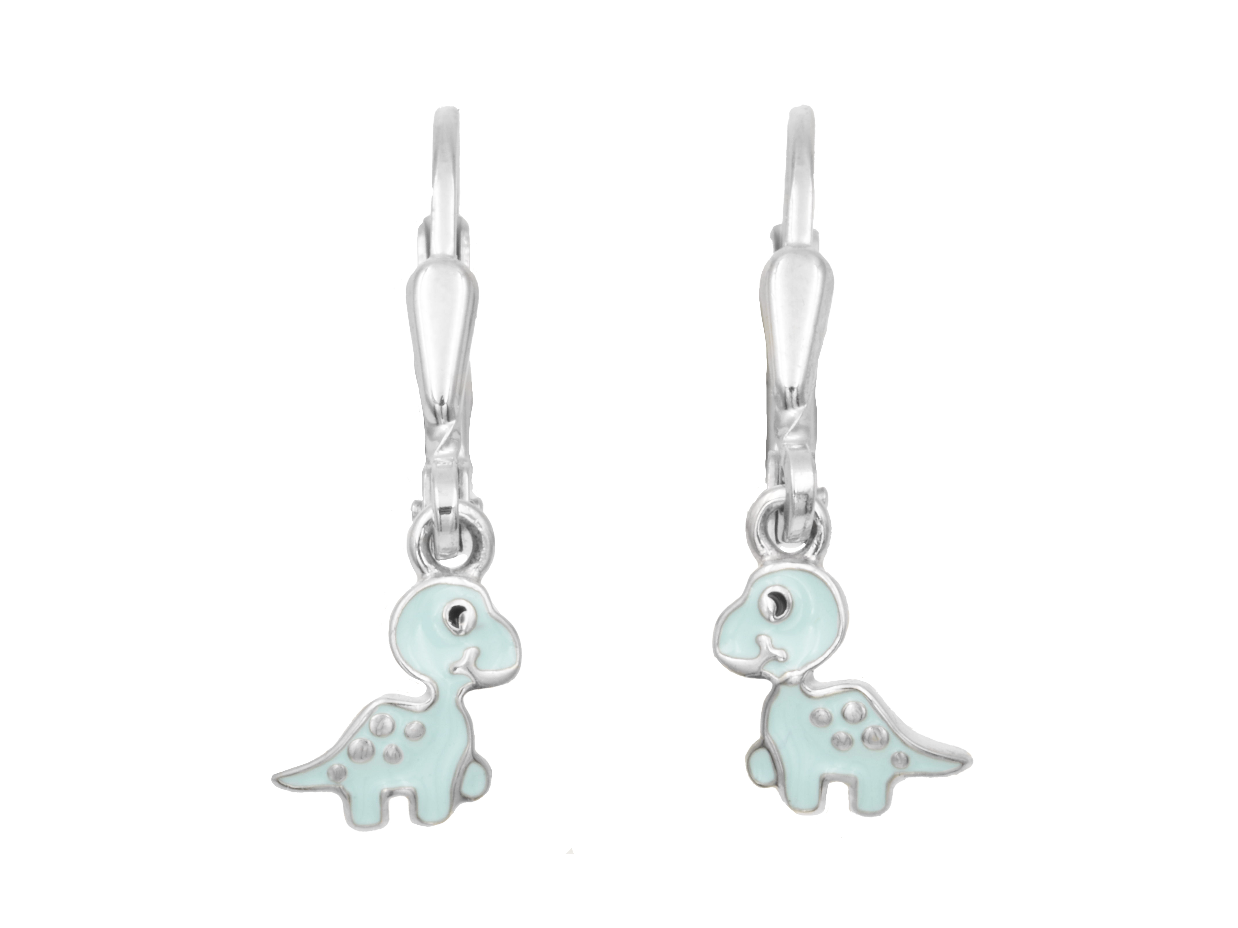Ohrringe in Form eines Dinosauriers aus sterlingsilber mit rhodinierten Oberflächen und türkisfarbener Emaille, hergestellt von Juwelier Harnisch, neu im Sortiment.