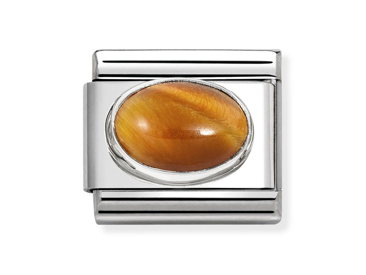 Edelstein in runder Form aus Tigerauge, eingefasst in hochwertigem Sterling Silber, mit klaren Konturen und polierter Oberfläche, ideal für persönliche Schmuckstücke von Nomination.