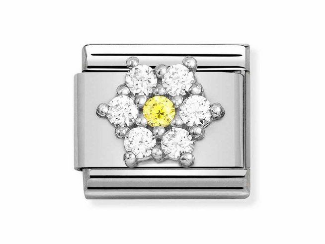 Sterling Silber Charm von Nomination mit Blume aus Zirkonia in Weiß und Gelb, funkelndes Design ideal für individuelle Armbänder, Silvershine Motive, stilvoll und elegant.