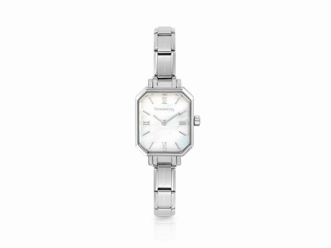 Elegante Armbanduhr von Nomination, Modell PARIS TIME Uhr Classic, aus Edelstahl, mit rundem Gehäuse, Zifferblatt in Perlmuttoptik und verschraubbarem Armband.