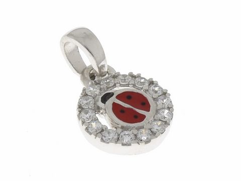 Marienkäfer Anhänger aus Silber rhodiniert mit Zirkonia und rotem Lack, dargestellt in runder Form als Glücksbringer, ideal für Schmuckliebhaber und als Geschenk.