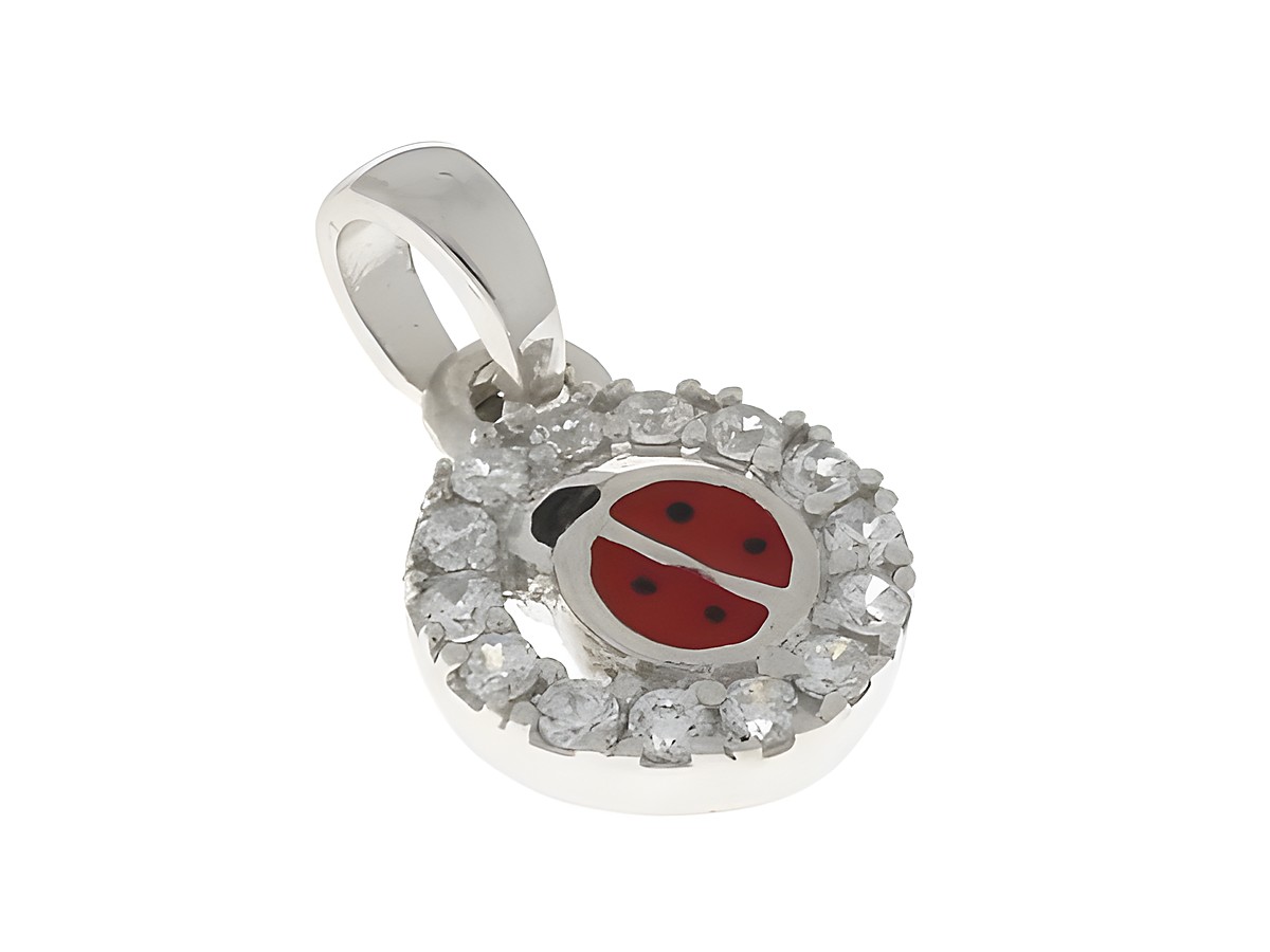 Marienkäfer Anhänger aus Silber rhodiniert mit Zirkonia und rotem Lack, dargestellt in runder Form als Glücksbringer, ideal für Schmuckliebhaber und als Geschenk.