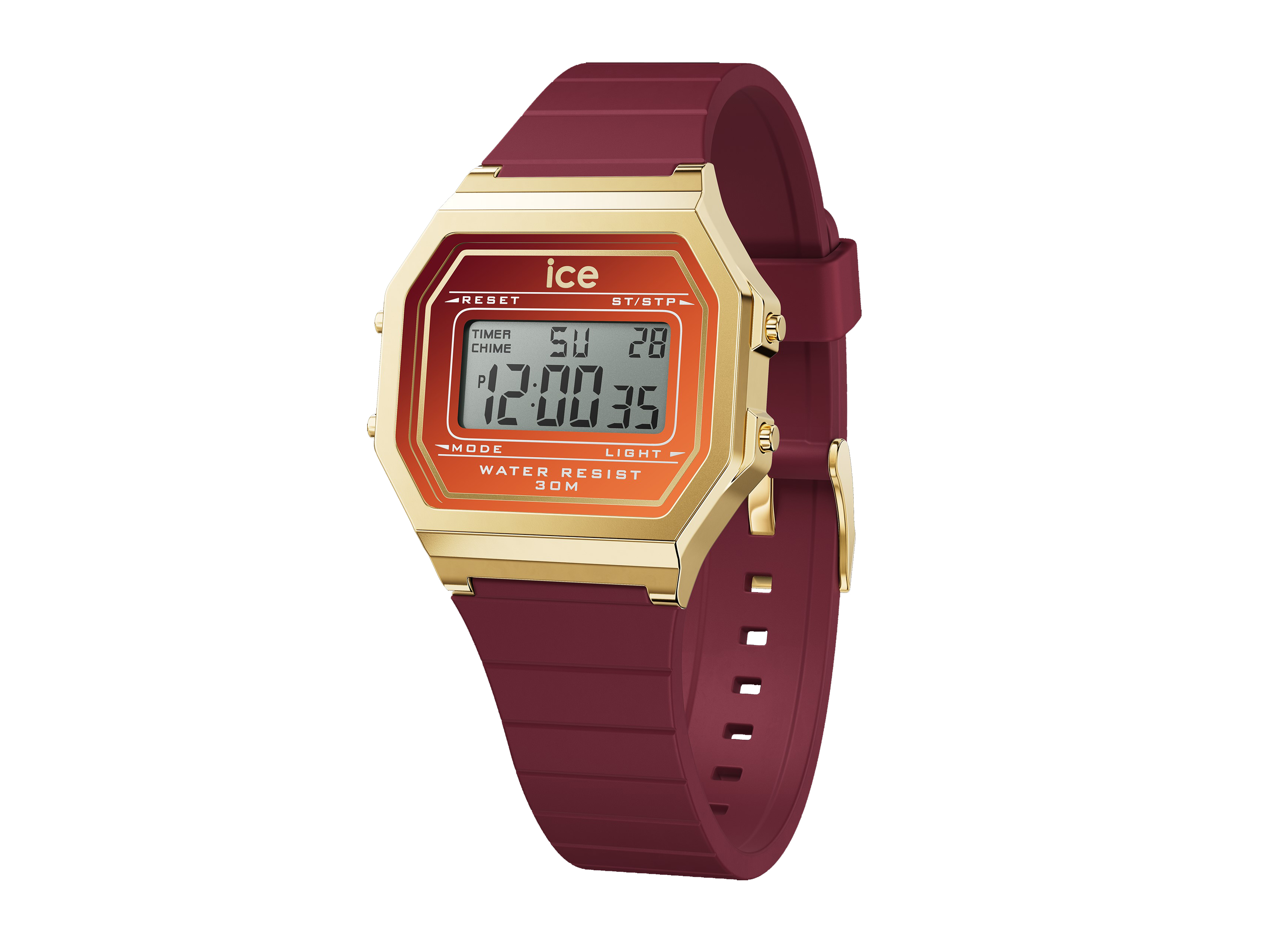 Eine Ice Watch Uhr 023312 - ICE digit retro Ruby ember - Small mit einem rot-goldenen Gehäuse und einem roten Silikonarmband, digitalem Display und Wasserbeständigkeit bis 30 Meter.