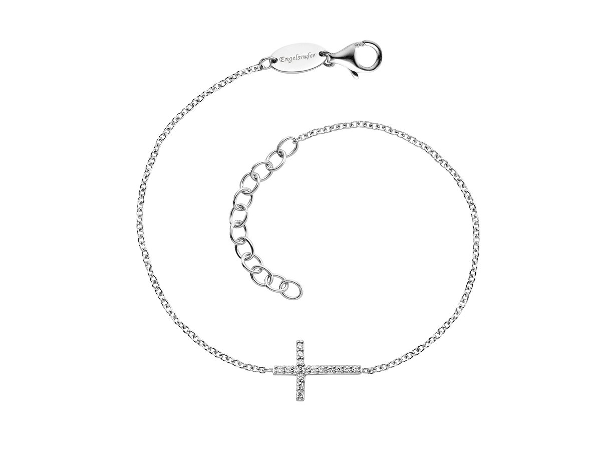 Silbernes Engelsrufer Armband mit rhodiniertem Kreuz und Zirkonia, 17 cm lang, mit kunstvoller Gliederkette und Karabinerverschluss. Ideal für modische Akzente.