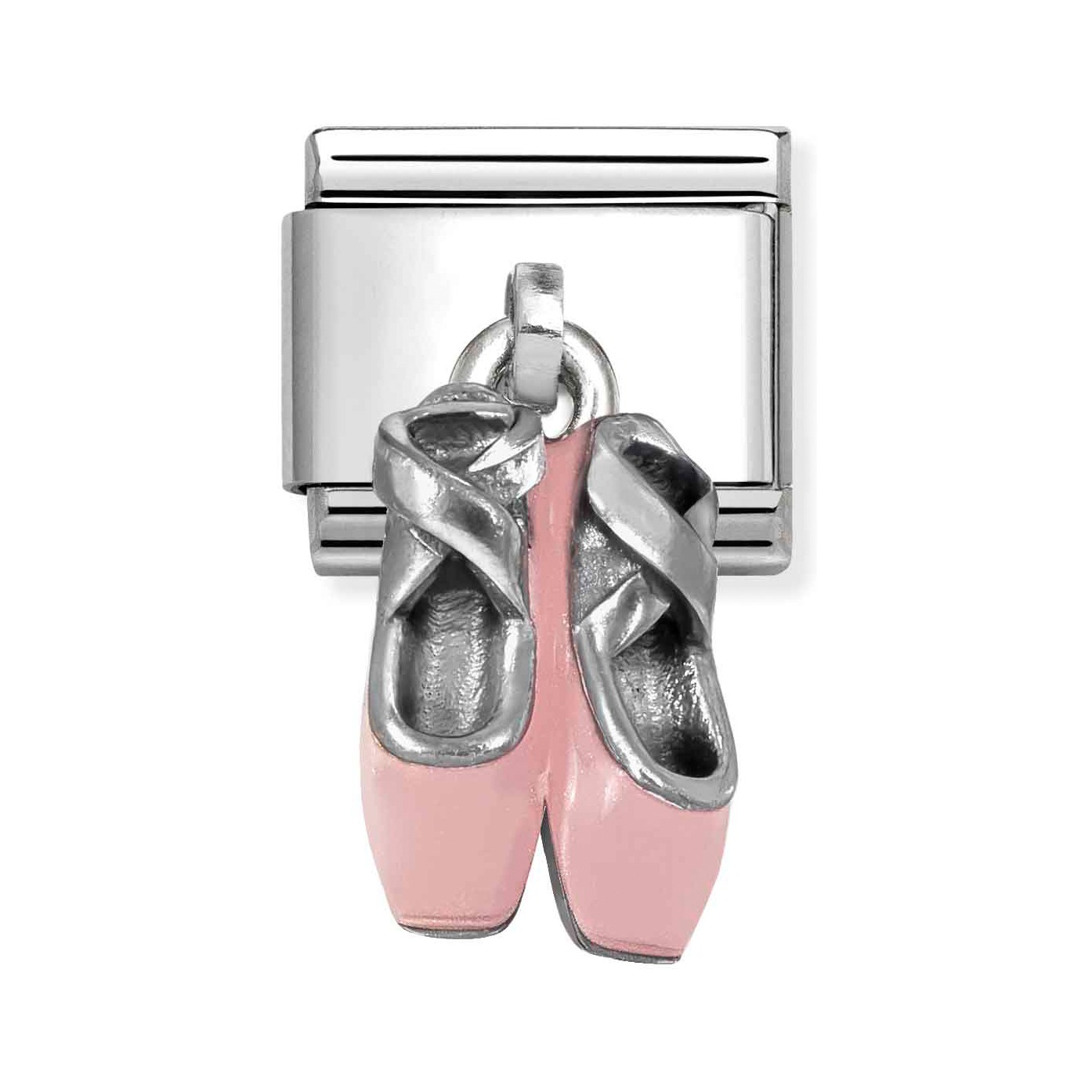Charm-Anhänger aus Sterling Silber in Form von rosa Ballettschuhen mit silbernen Details, ideal für Schmuckliebhaber und Tänzerinnen.