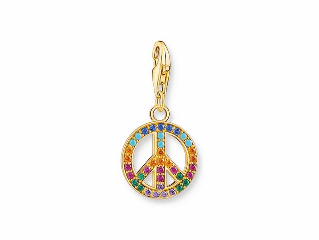 Charm-Anhänger aus Sterling Silber vergoldet in Gelbgold mit bunten Steinen in Peace-Symbol-Form, bicolor, von Thomas Sabo, Modellnummer 1898-488-7.