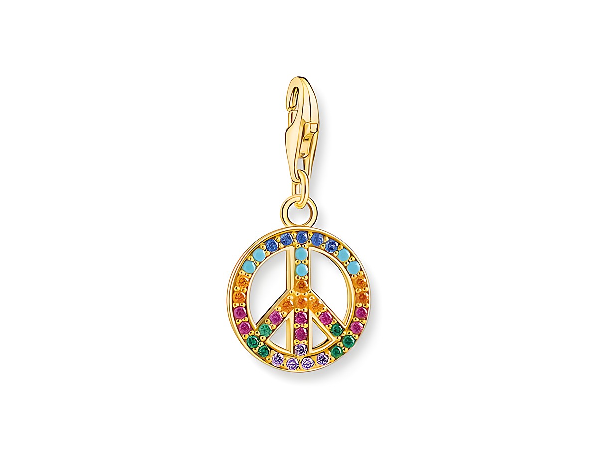 Charm-Anhänger aus Sterling Silber vergoldet in Gelbgold mit bunten Steinen in Peace-Symbol-Form, bicolor, von Thomas Sabo, Modellnummer 1898-488-7.
