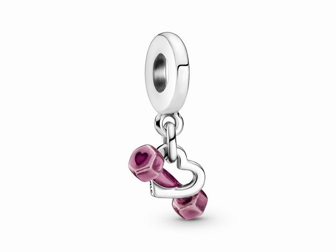 Pandora Silber Hantel Charm in Silber mit pinker Emaille, verziert mit einem Herz, perfekt für jeden Schmuckliebhaber, Hersteller Pandora, ideal für Schule und Berufe.