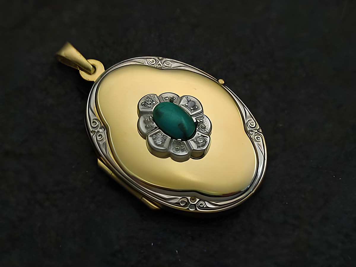 Türkis türkis-blau Medaillon Cabochon in Gold 333 bicolor mit elegantem Design und filigraner Verzierung, Hersteller Juwelier Harnisch, Gold 333.