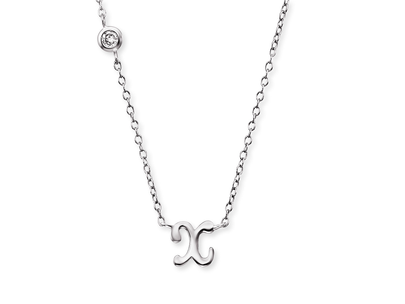 Kette aus rhodiniertem Silber mit einem Anhänger in Form des Buchstabens X, geschmückt mit einem Zirkonia, Länge 40 cm, elegant und modern, für jeden Anlass geeignet.