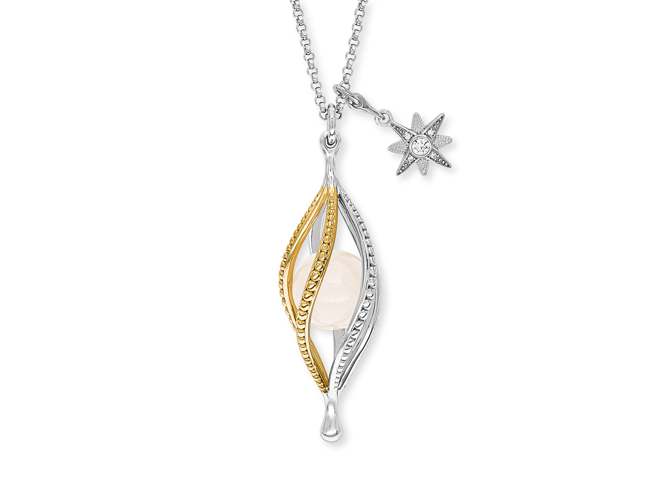 Anhänger mit einem bicolor Design aus gelbgoldvergoldetem Silber und einem Rosenquarz in der Mitte, verziert mit einem Zirkonia Stern, an einer filigranen Kette von 50 cm.