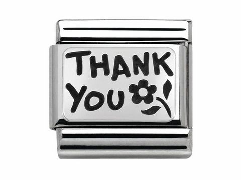 Nomination Classic Charm in Silber mit der Gravur THANK YOU und einem floralen Motiv, perfekt für eine persönliche Botschaft oder als Geschenk.