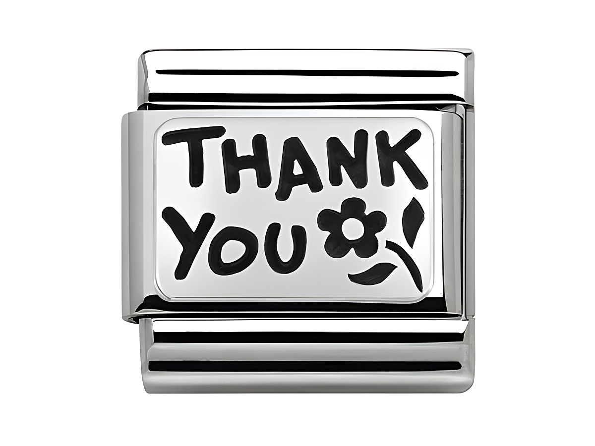 Nomination Classic Charm in Silber mit der Gravur THANK YOU und einem floralen Motiv, perfekt für eine persönliche Botschaft oder als Geschenk.