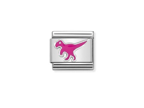 Eine silberne Classic Emaille von Nomination mit einem pinken Dinosaurier-Motiv. Ideal für Kinder und Dinosaurier-Fans. Schlichte Eleganz kombiniert mit verspieltem Design.