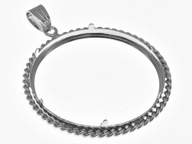 Münzfassung Anhänger aus rhodiniertem 925 Sterling Silber mit Kordel-Design, geeignet für Münzen bis 38 mm Durchmesser, Hersteller Juwelier Harnisch.