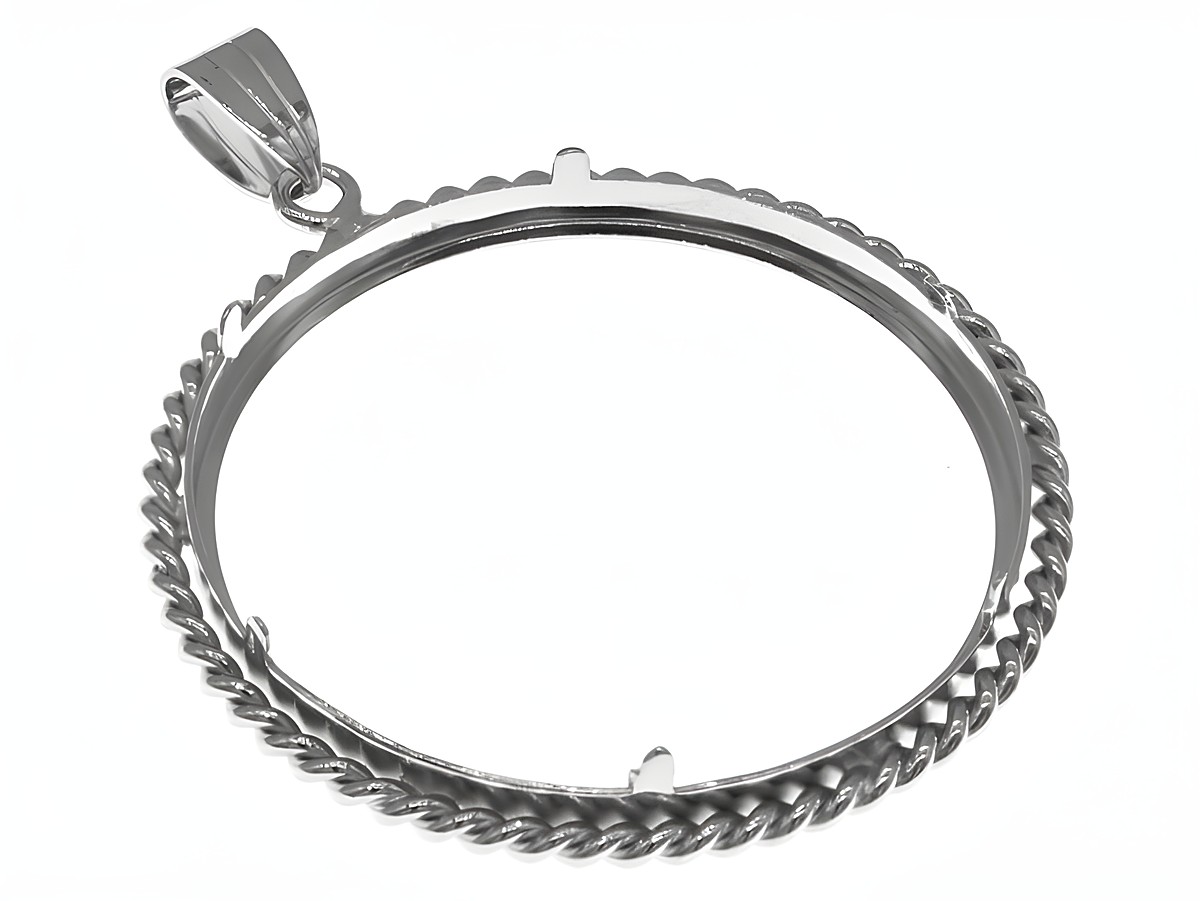 Münzfassung Anhänger aus rhodiniertem 925 Sterling Silber mit Kordel-Design, geeignet für Münzen bis 38 mm Durchmesser, Hersteller Juwelier Harnisch. – Ansicht 2