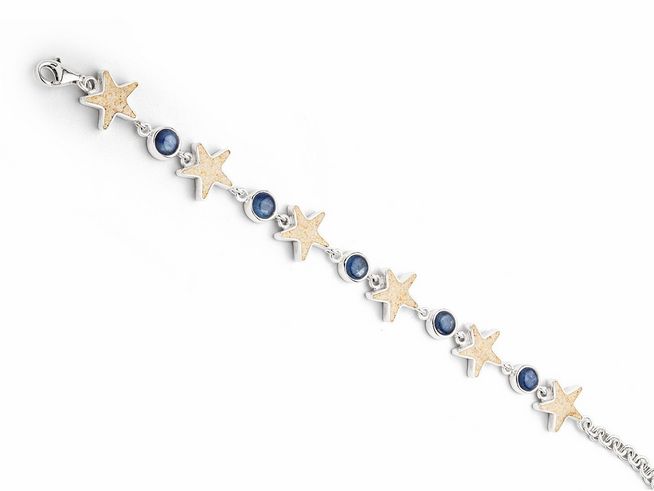 DUR Sandseestern Armband aus rhodiniertem Sterlingsilber mit Kyanit und Strandsand, verziert mit sternförmigen Elementen und blauen Steinen, verstellbar von 16,5 bis 20 cm.