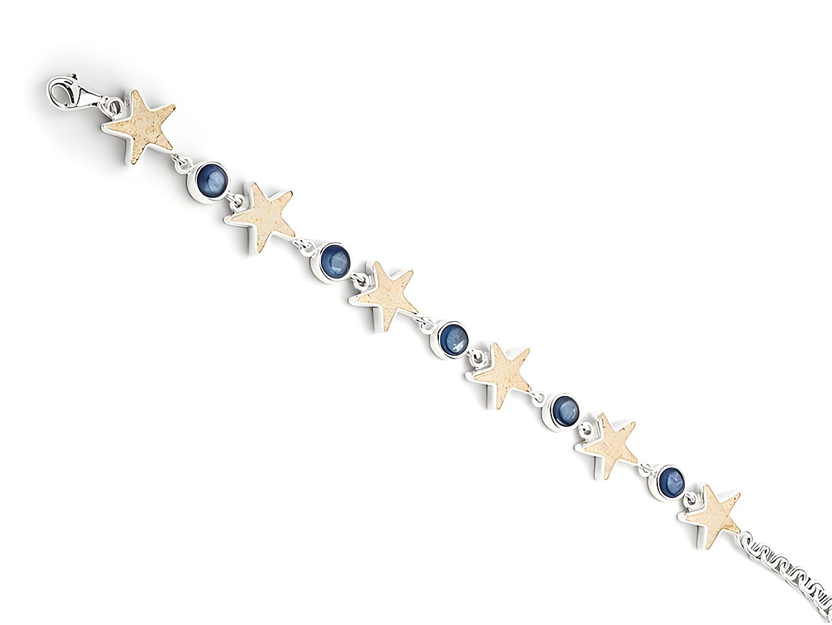 DUR Sandseestern Armband aus rhodiniertem Sterlingsilber mit Kyanit und Strandsand, verziert mit sternförmigen Elementen und blauen Steinen, verstellbar von 16,5 bis 20 cm.