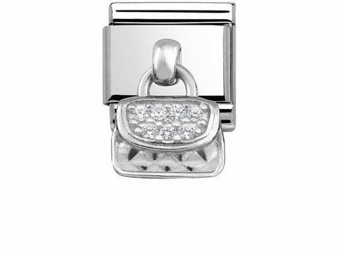 Edelstahl Charms von Nomination mit einer kleinen Handtasche, verziert mit glitzernden Steinen, klassisches Design für Schmuckliebhaber, passend für die Kollektion.
