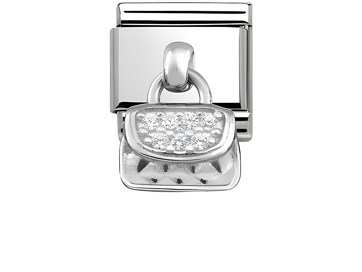 Edelstahl Charms von Nomination mit einer kleinen Handtasche, verziert mit glitzernden Steinen, klassisches Design für Schmuckliebhaber, passend für die Kollektion.