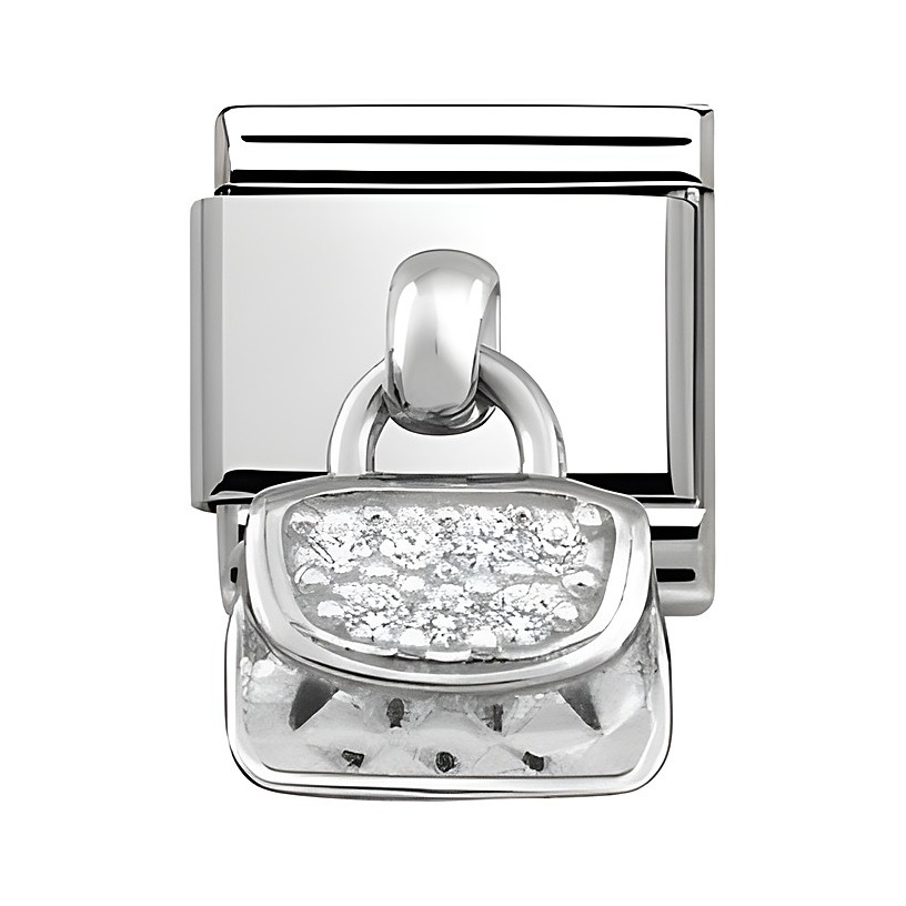 Edelstahl Charms von Nomination mit einer kleinen Handtasche, verziert mit glitzernden Steinen, klassisches Design für Schmuckliebhaber, passend für die Kollektion.