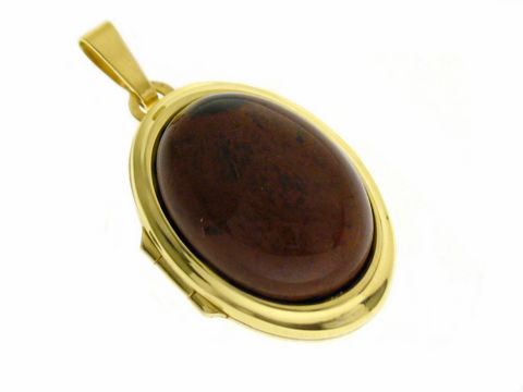 Mahagoni Obsidian Medaillon Cabochon in Gold 585, gefertigt vom Juwelier Harnisch, ovaler Stein in edler goldener Fassung, elegantes Schmuckstück für jeden Anlass.