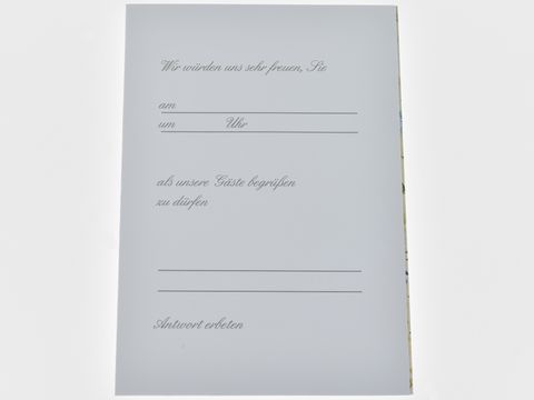 Einladungskarte mit Aquarell Blumenstrauß, Innenseite mit Platz für Datum, Uhrzeit und Antworten, Hersteller Juwelier Harnisch, Set mit 5 Karten.