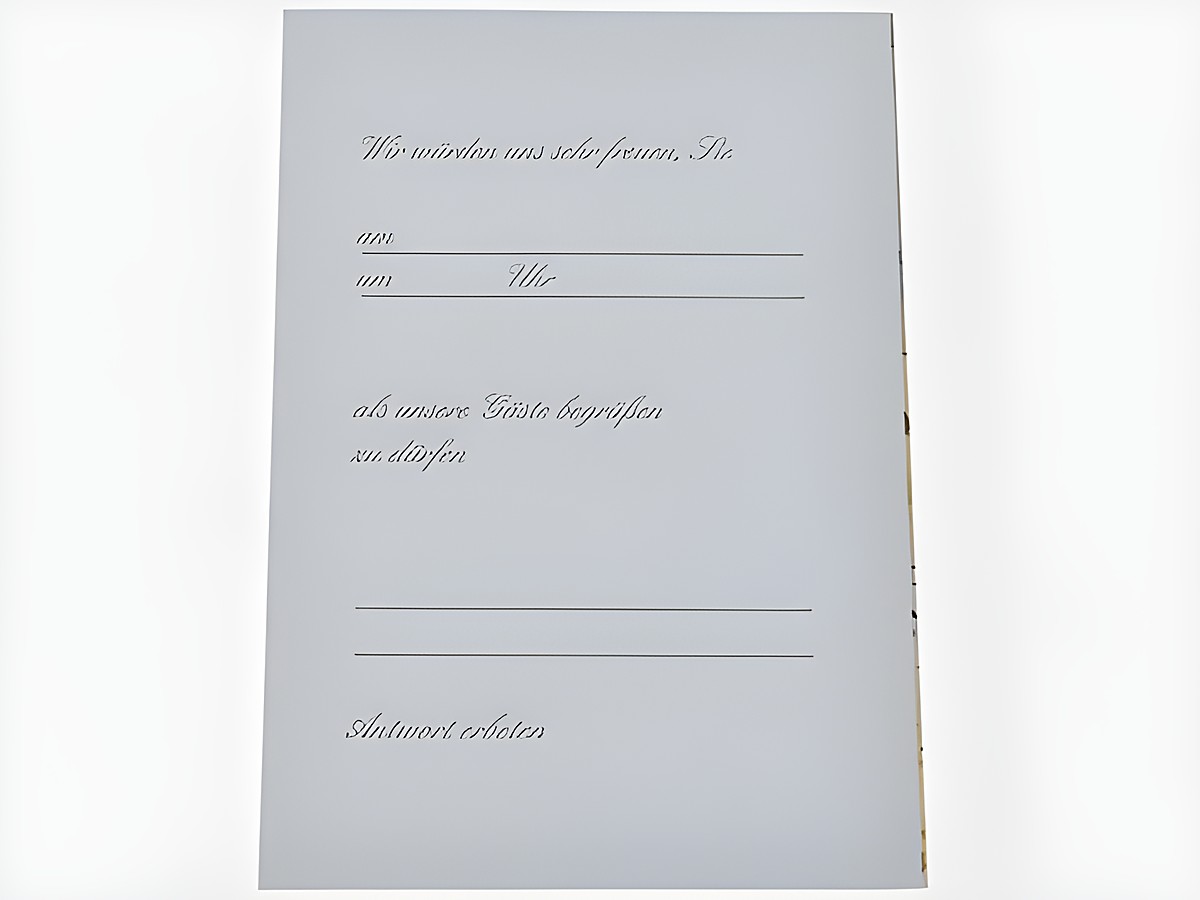 Einladungskarte mit Aquarell Blumenstrauß, Innenseite mit Platz für Datum, Uhrzeit und Antworten, Hersteller Juwelier Harnisch, Set mit 5 Karten. – Ansicht 2