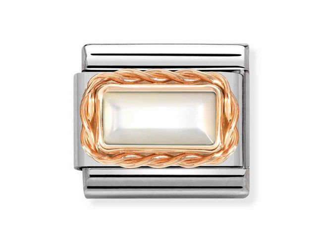Edelstahl Baguette-Schliff mit Kordelfassung in Roségold 375 und weißem Perlmutt, Hersteller Nomination, elegant und stilvoll gestaltet für modische Akzente.