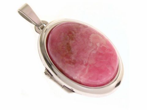 Rhodochrosit Medaillon Cabochon in ovaler Form, eingefasst in rhodiniertem Sterling Silber, mit sanften pinken und weißen Farbtönen, elegantes Schmuckstück von Juwelier Harnisch.